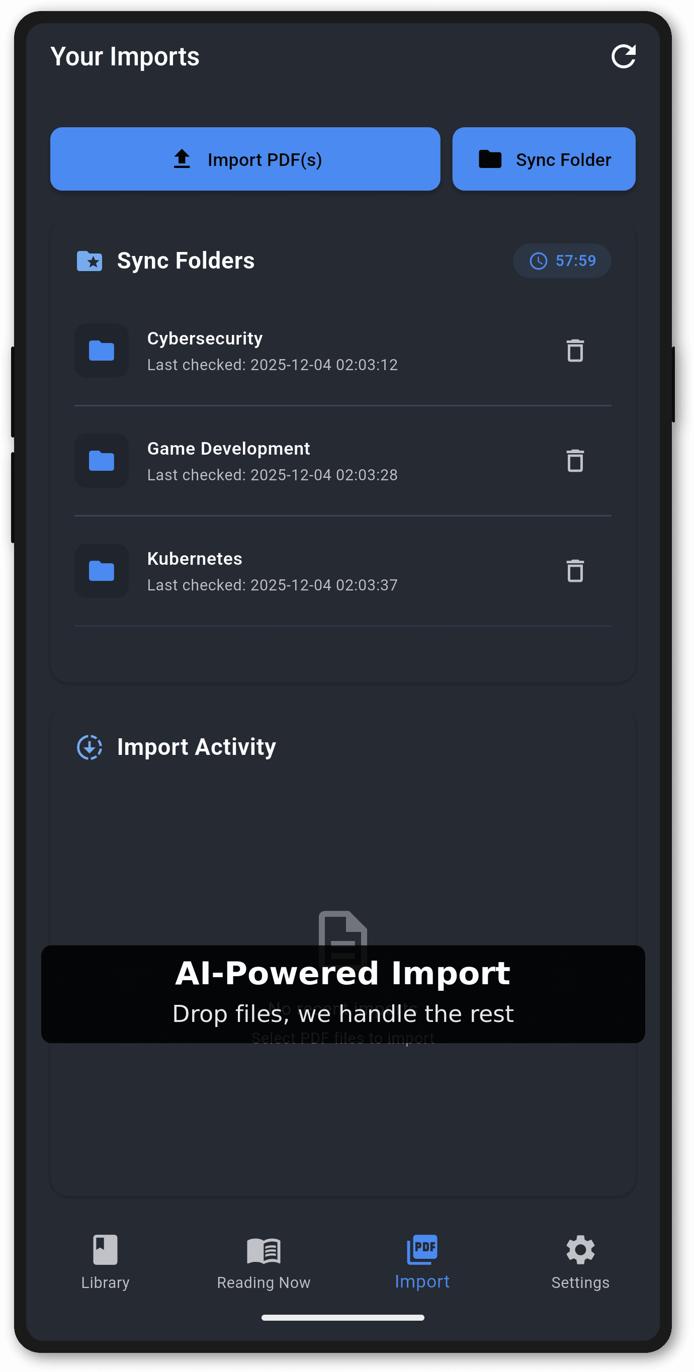 Import screen showing PDF import and folder watching options