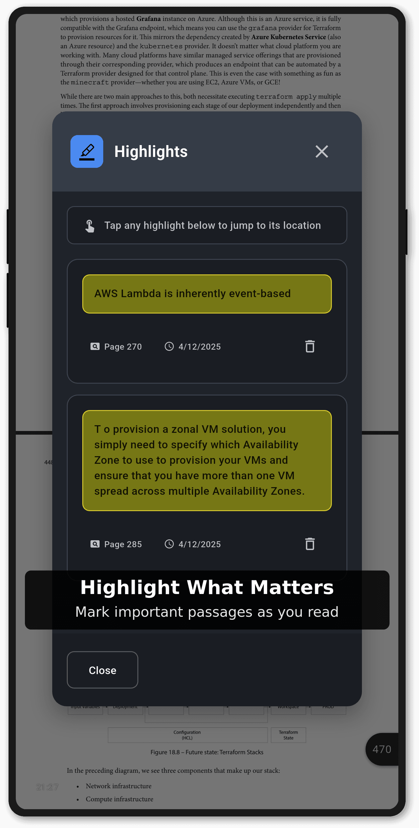 PDF reading view with text highlighting and annotations